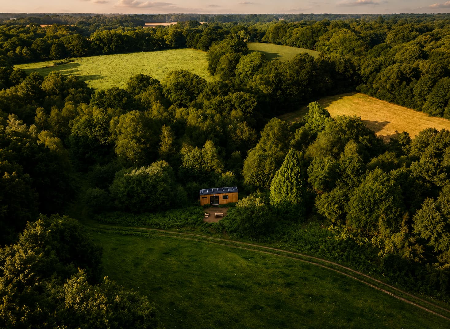 Vista aérea de uma hospedagem em meio à natureza