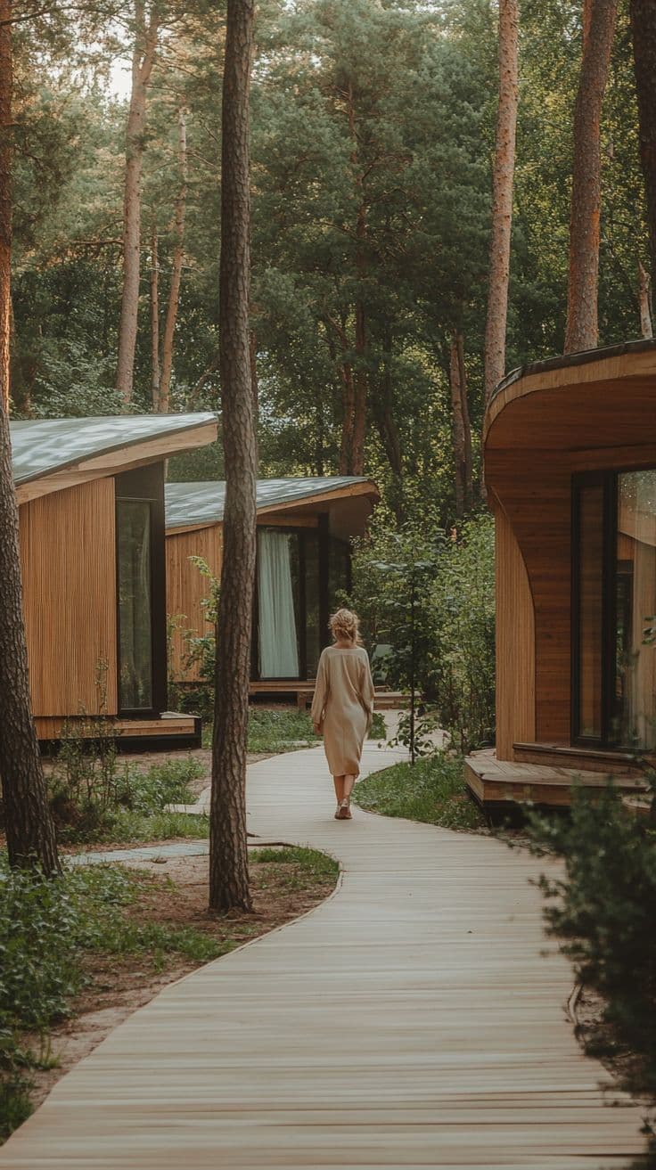 Passarela de glamping entre as cabines